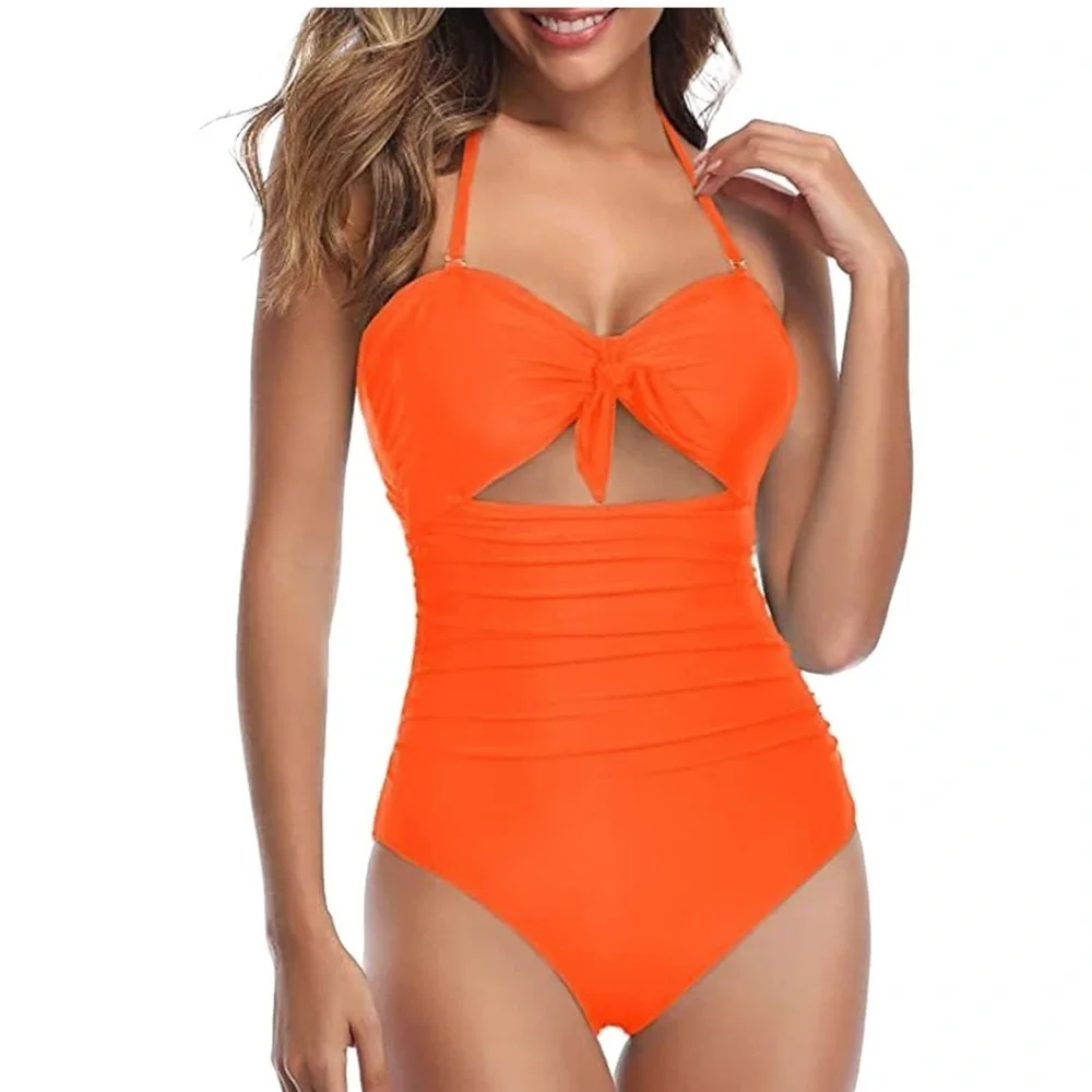 Bow Tie Orange Halter Tummy Control‎ One Piece Padded Swimsuit NWT Size M